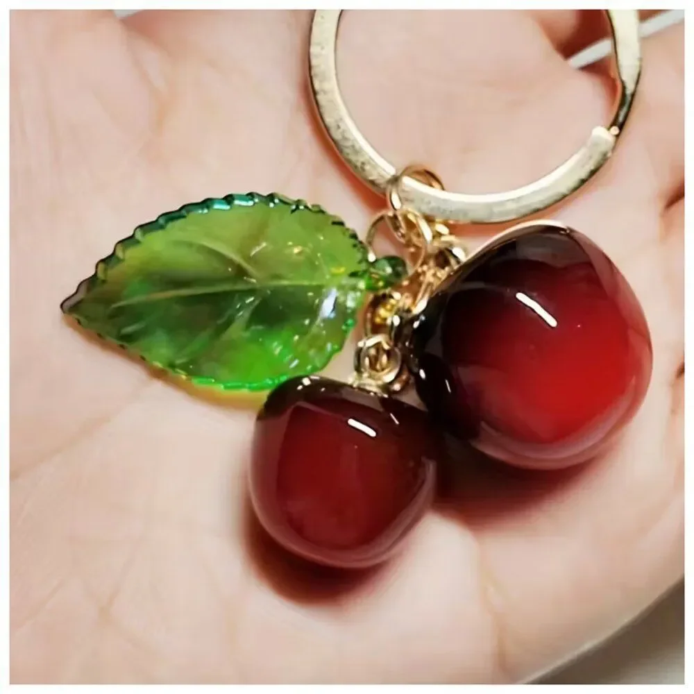 NWT Realistic Resin Cherry Bag Charm Fruit Keychain Gold